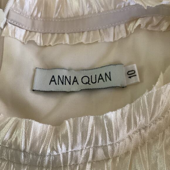 Anna Quan Crinkle Pleated Ivory Cream Long Sleeve Satin Shift Mini Dress 10 - Picture 6 of 8